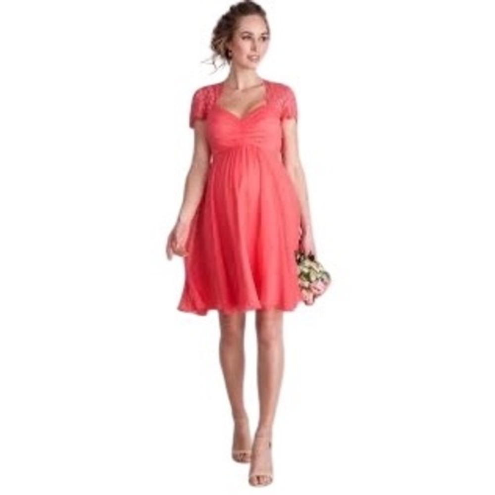 Seraphine Luxe Coral Pink 100% Silk Lace Chiffon Maternity Cocktail Dress US‎ 6